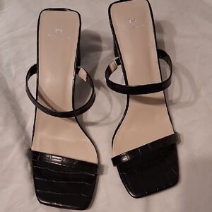 Halston Heritage Black Croc-Embossed Square-Toe Strappy Slides